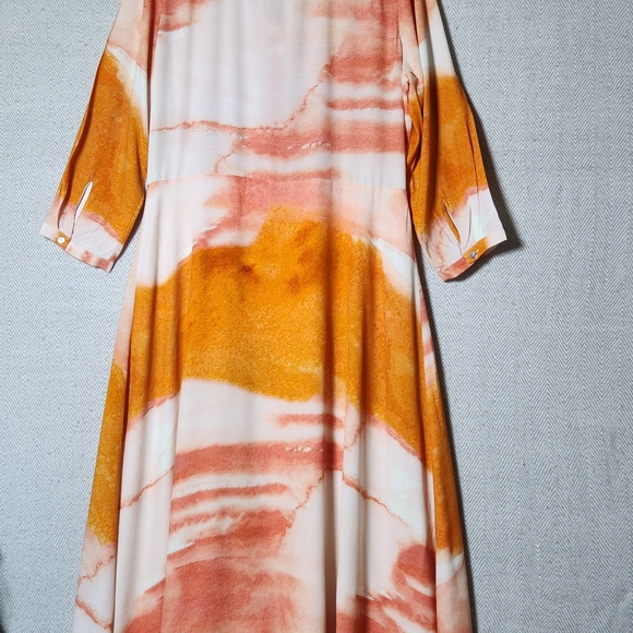 Anthropologie Dolan 14 Long Sleeve Maxi Dress Orange Pink Tie Die Button Down - Picture 2 of 13